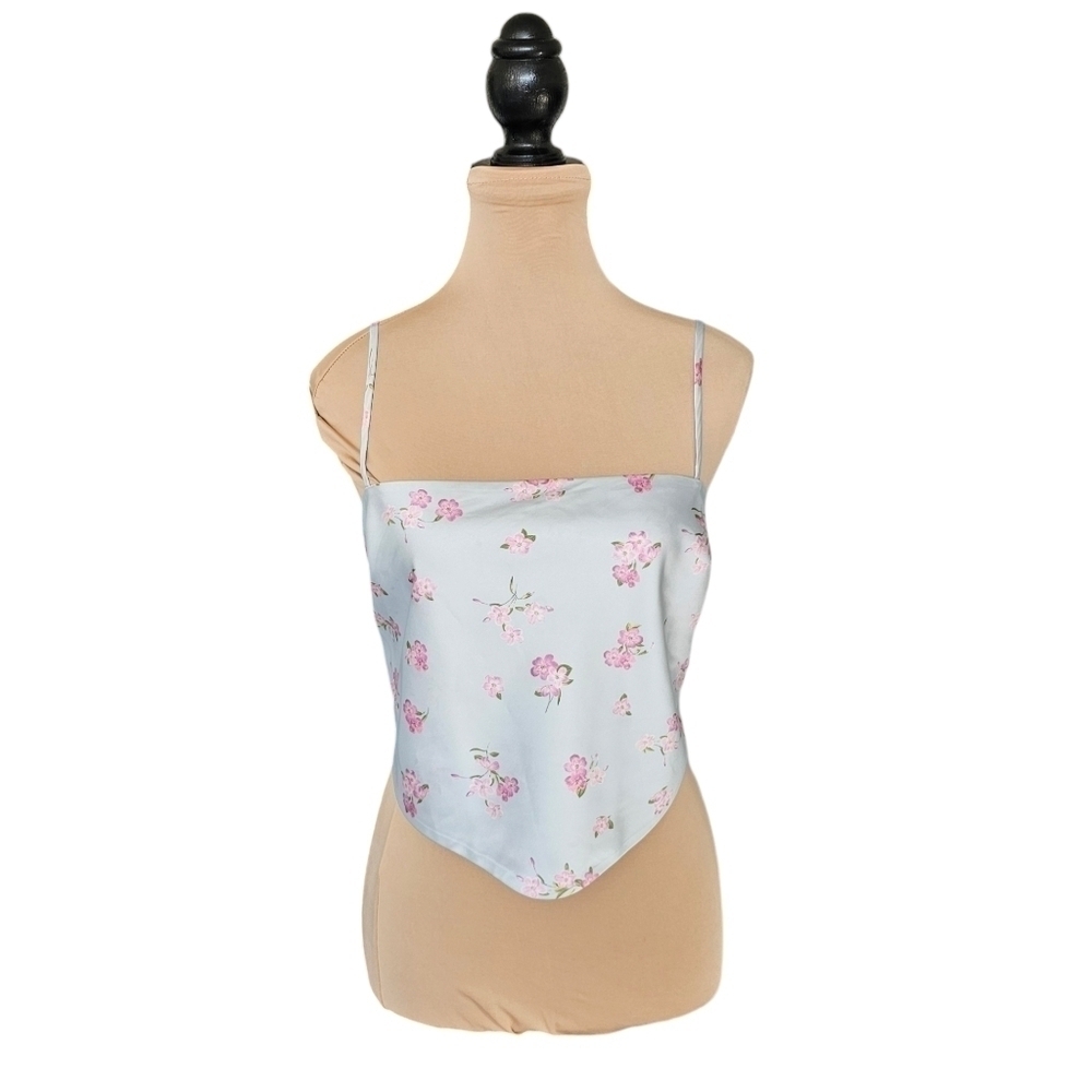 Sun-deh Aritzia Elektra Blue Floral Tie Back Spaghetti Strap Cropped Top Sz M